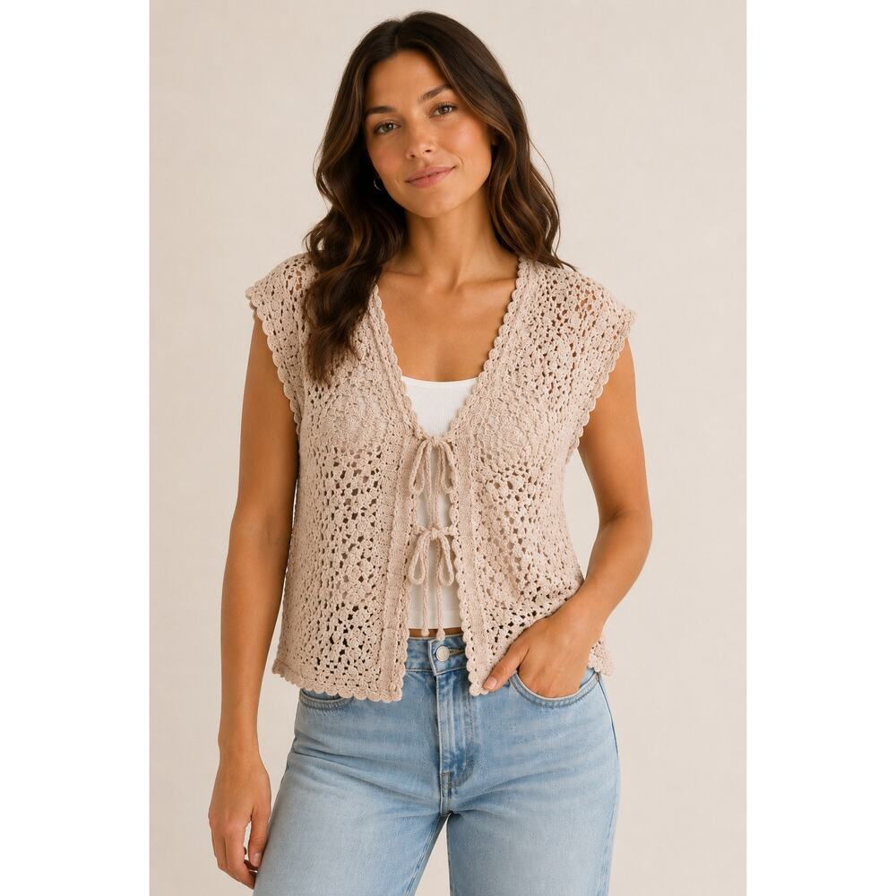Lucky Brand Boho Crochet Tie-Front Cardigan Sweater Vest Pink Cotton Size M - Picture 1 of 9